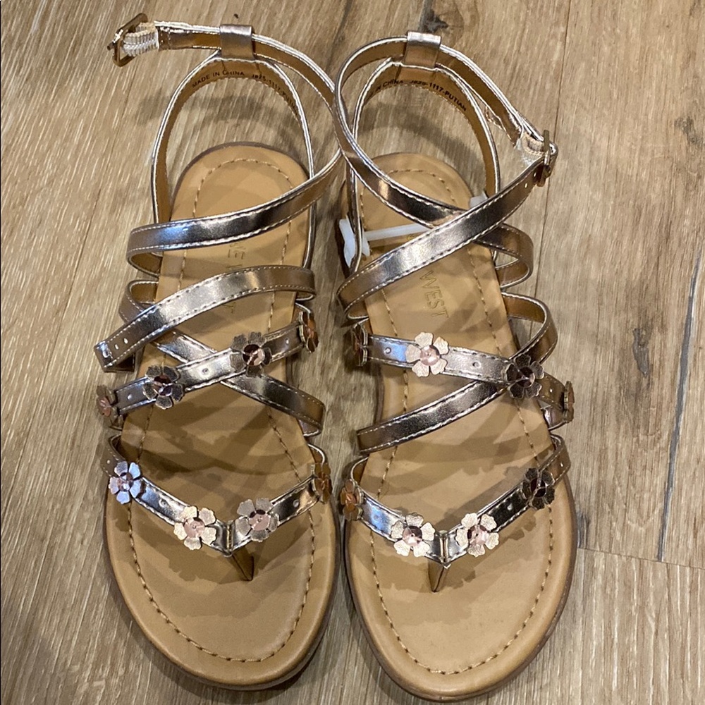 Nine West Metallic Strappy Sandals with Floral Accents